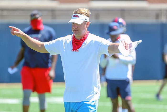 Lane Kiffin in Ole Miss fall training camp (via. Josh McCoy, Ole Miss athletics)